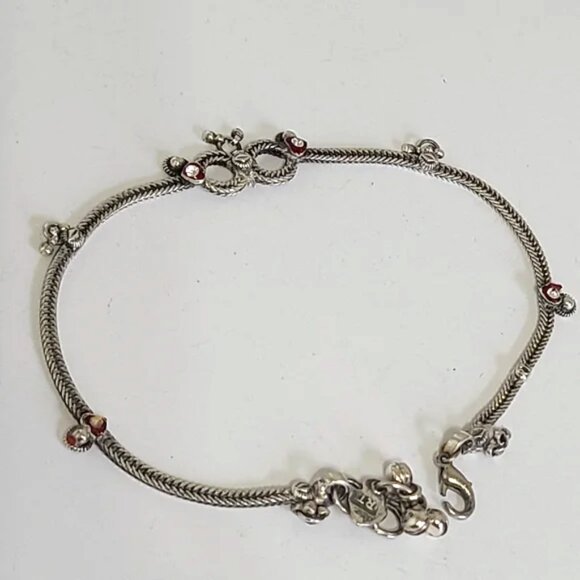 Vintage Sterling Silver Tribal Dangling Balls Anklet Red Heart Ankle Bracelet - Picture 1 of 10
